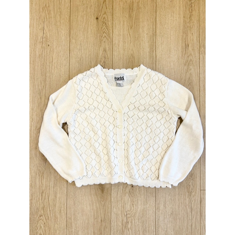 Teddi Vintage White Diamond Knit Scalloped Cottagecore Cardigan Sweater PM